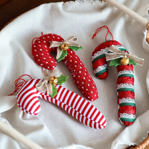 Adorno de Tela de Navidad en Forma de Bastón de Caramelo Con Campana y Lazo para Decoración de Árbol de Navidad Rojo Verde Blanco