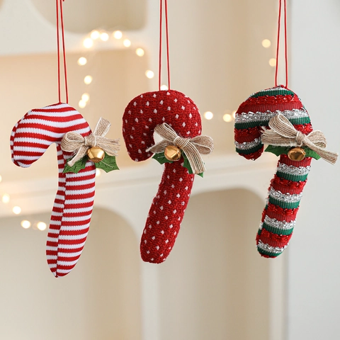 Adorno de Tela de Navidad en Forma de Bastón de Caramelo Con Campana y Lazo para Decoración de Árbol de Navidad Rojo Verde Blanco