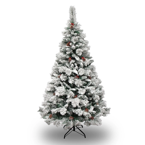 Artificial Flocked Christmas Tree With Snow Pinecones Red Berries Metal Stand Large Xmas Tree For Holiday Home Mall Decoration