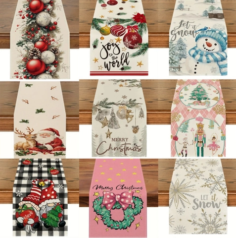 Christmas Table Runner Linen Polyester Blend Festive Snowman Santa Reindeer Printed For Home Dining Party Decor