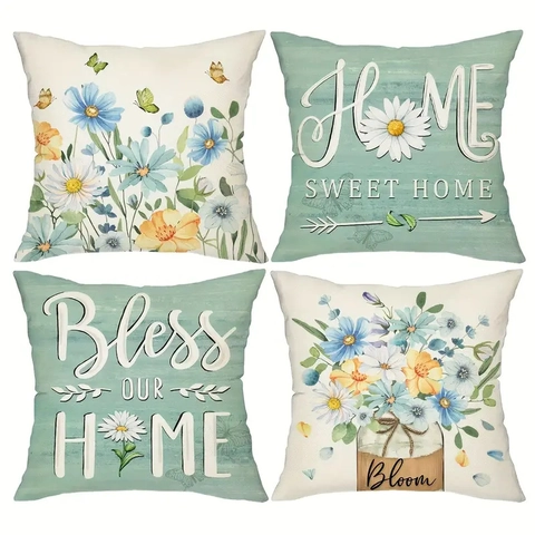 Dekorative Kissenbezüge Leinen Gänseblümchen Buchstabendruck Quadratische Kissenhüllen Für Sofa Wohnzimmer Deko