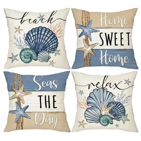 Kussenhoezen Met Kust Oceaan Thema Linnenmix Schelp Zeester Marine Leven Afdruk Vierkant Huis Sofa Decoratie