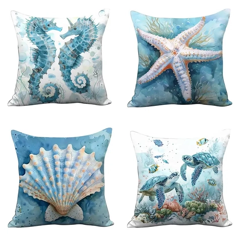 Decoratieve Kussenslopen Perzik Huid Oceaan Serie Zeeschildpad Zeepaardje Zeester Schelp Aquarel Sofa