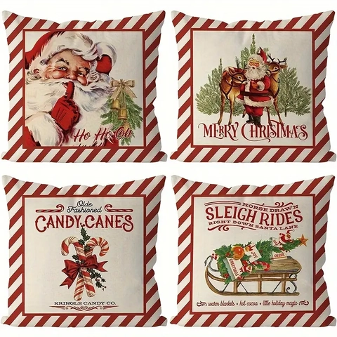 Retro Kerst Linnen Kussenhoezen Kerstman Rendier Zuurstok Rustieke Vakantie Huis Decoratie Rood Wit Gestreepte Biezen