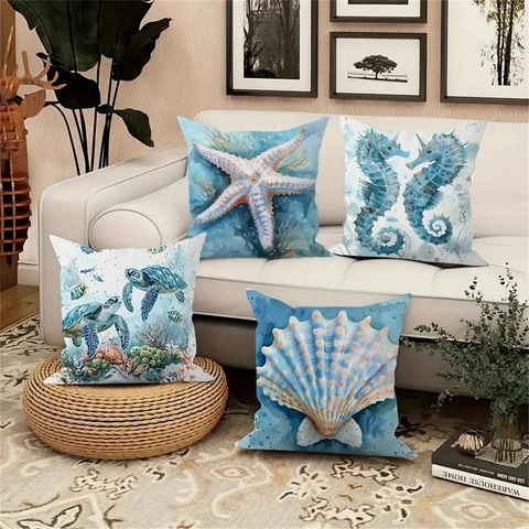 Decoratieve Kussenslopen Perzik Huid Oceaan Serie Zeeschildpad Zeepaardje Zeester Schelp Aquarel Sofa