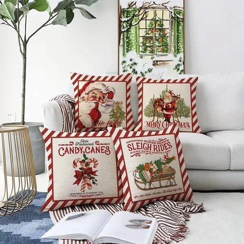 Retro Kerst Linnen Kussenhoezen Kerstman Rendier Zuurstok Rustieke Vakantie Huis Decoratie Rood Wit Gestreepte Biezen