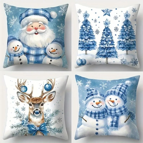 Fundas De Cojín De Navidad Peluche Corto Azul Invierno Muñeco De Nieve Papá Noel Reno Cuadrado Para Sofá Decoración