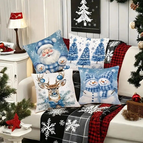 Fundas De Cojín De Navidad Peluche Corto Azul Invierno Muñeco De Nieve Papá Noel Reno Cuadrado Para Sofá Decoración