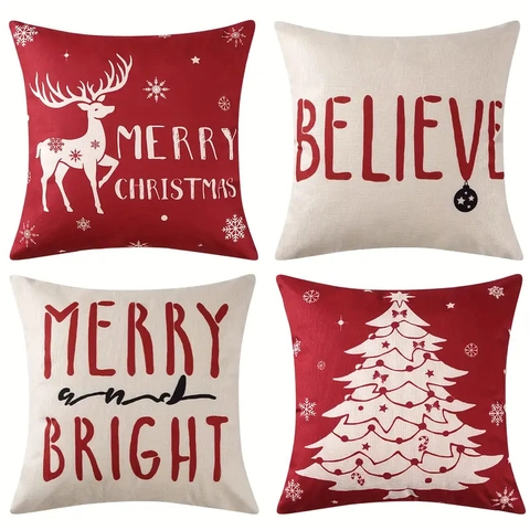 Weihnachts-Kissenbezüge Leinen Rentier Baum Druck Dekorative Kissenhülle Für Sofa Schlafzimmer Rot Weiß Festlich