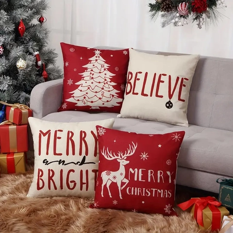 Weihnachts-Kissenbezüge Leinen Rentier Baum Druck Dekorative Kissenhülle Für Sofa Schlafzimmer Rot Weiß Festlich