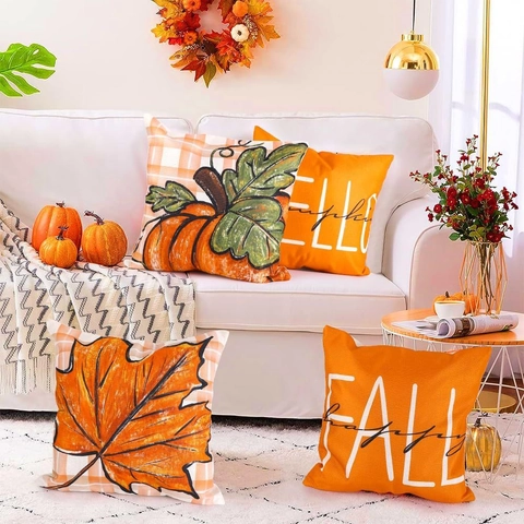 Fundas De Almohada De Otoño Felpa Corta Estampado Calabaza Hoja De Arce Decoración Halloween Para Sofá Dormitorio
