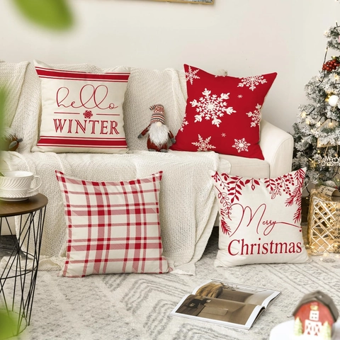 Weihnachten Kissenbezüge Set Leinen Schneeflocke Karo Digitaldruck Dekorative Kissenhüllen Für Sofa Couch Home Deko Geschenke