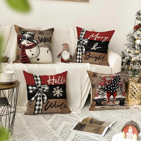 Christmas Pillowcase Linen Cushion Cover Snowman Xmas Tree Snowflake Pattern Buffalo Plaid Holiday Decoration For Sofa