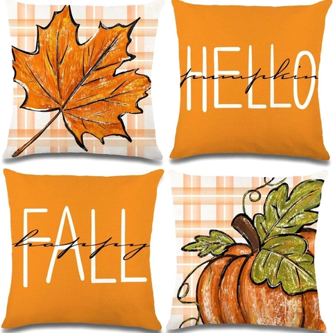 Fundas De Almohada De Otoño Felpa Corta Estampado Calabaza Hoja De Arce Decoración Halloween Para Sofá Dormitorio