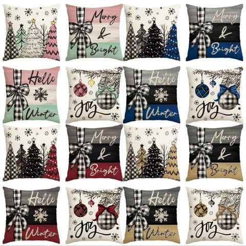 Christmas Pillowcase Linen Cushion Cover Snowman Xmas Tree Snowflake Pattern Buffalo Plaid Holiday Decoration For Sofa