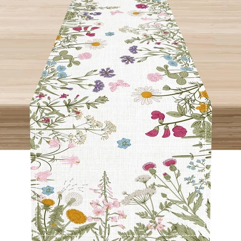 Camino de Mesa de Lino Rústico Acuarela Flor Mariposa Impresión Digital Lavable para Mesa de Comedor Sala de Estar Decoración del Hogar