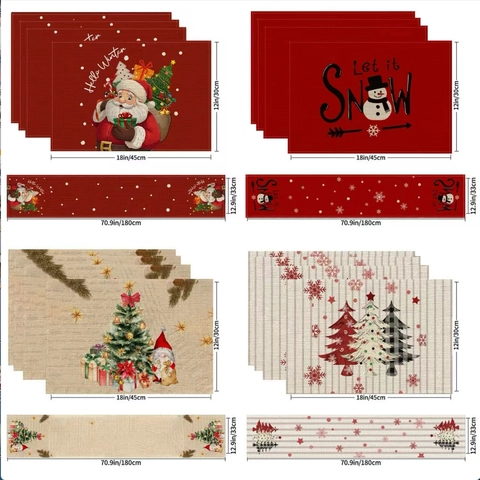 Camino De Mesa Y Manteles Individuales De Navidad Lino Impreso Resistente Al Calor Decoración De Comedor Fiesta Copo Nieve