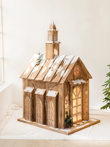Christmas Vintage Wooden Luminous Snow House LED Church Street Lamp Windmill Scene Layout Holiday Party Home Tabletop Ornament
