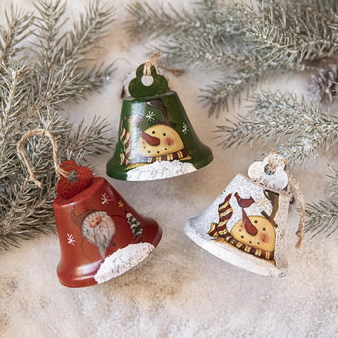 Campanelle Di Natale Metallo Ferro Dipinto Babbo Natale Pupazzo Di Neve Decorazioni Da Appendere Per Albero Natale Vintage Corda Iuta