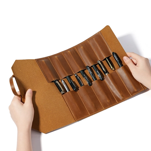 Astuccio Arrotolabile in Pelle di Vacchetta Primo Strato Vintage Custodia Penne Pelle Crazy Horse Multi Slot Con Pendaglio a Chiave Forniture Ufficio Scuola