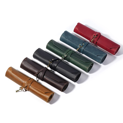 Astuccio Arrotolabile in Pelle di Vacchetta Primo Strato Vintage Custodia Penne Pelle Crazy Horse Multi Slot Con Pendaglio a Chiave Forniture Ufficio Scuola