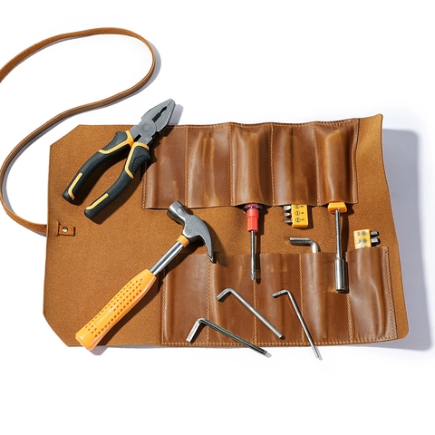 Estuche Enrollable De Cuero Genuino Vintage Para Papelería Y Herramientas Bolsa Con Múltiples Ranuras Correa Y Llavero