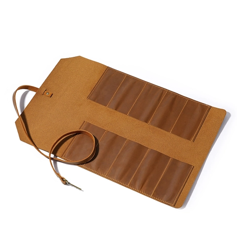 Estuche Enrollable De Cuero Genuino Vintage Para Papelería Y Herramientas Bolsa Con Múltiples Ranuras Correa Y Llavero