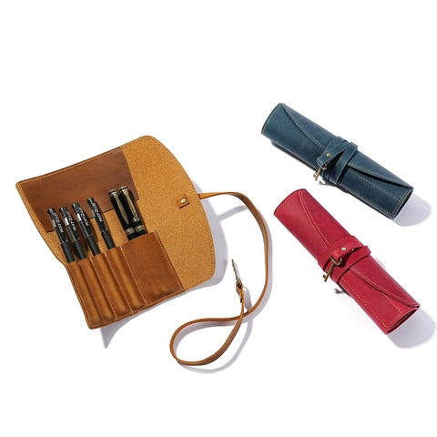 Trousse À Crayons Enroulable En Cuir Véritable Vintage Crazy Horse Rétro Pochette Avec Lanière Et Breloque Clé