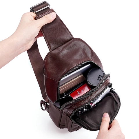 Herren Echtes Leder Brusttasche Pflanzlich Gegerbtes Leder Mehrfachtaschen Sling Bag Retro Business Casual Umhängetasche Große Kapazität Reisetasche