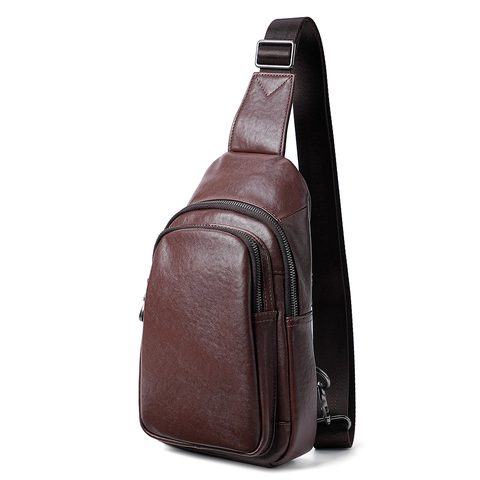 Herren Echtes Rindsleder Brusttasche Vintage Pflanzlich Gegerbt Umhängetasche Sling Tasche Mit Mehrschicht-Reißverschluss Verstellbarer Schultergurt Casual Business