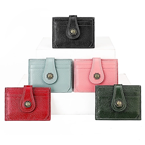 Portacarte in Vera Pelle Blocco RFID Con Fibbia a Rosa Vintage Grana Litchi Sottile Portafoglio Per Carte Di Credito Unisex
