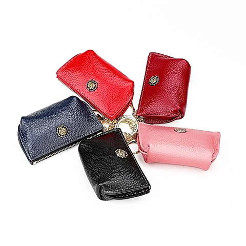 Mini Coin Purse Key Case Genuine Cowhide Leather Lychee Pattern Metal Rose Zipper Closure Key Ring For Women
