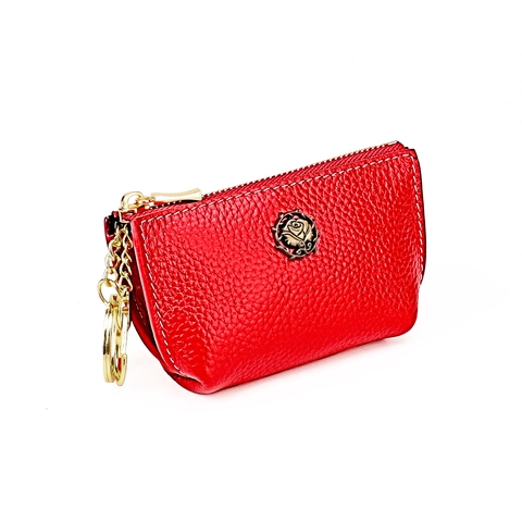 Mini Coin Purse Key Case Genuine Cowhide Leather Lychee Pattern Metal Rose Zipper Closure Key Ring For Women