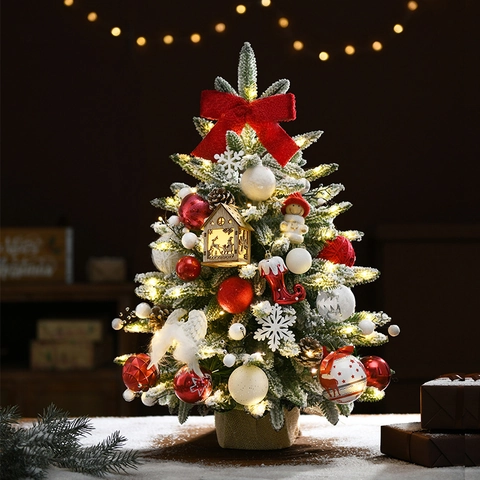 Albero Di Natale Artificiale Con Innevamento PE PVC Foglie Miste LED Luce Calda Ornamento Da Scrivania Decorazione Festiva Casa Ufficio