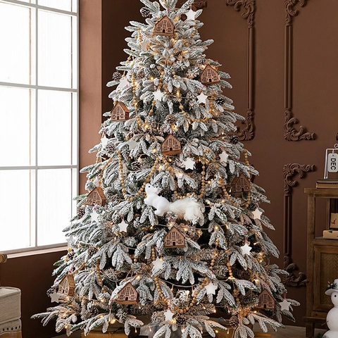 Flocked Artificial Christmas Tree Mixed Leaves Warm LED Lights Tree Skirt Snow Effect PVC PE Materials Home Holiday Party Decor