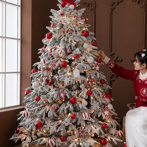 Flocked Artificial Christmas Tree Mixed Leaves Warm LED Lights Tree Skirt Snow Effect PVC PE Materials Home Holiday Party Decor