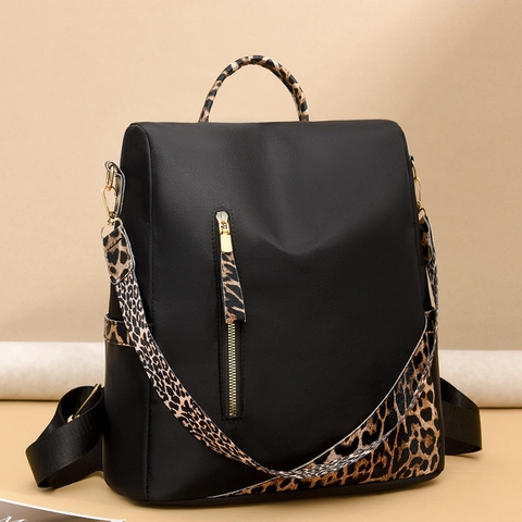 Mochila De Moda Para Mujer Con Estampado De Leopardo Empalmado Oxford Impermeable Cuero PU Contraste Color Viaje Bolso