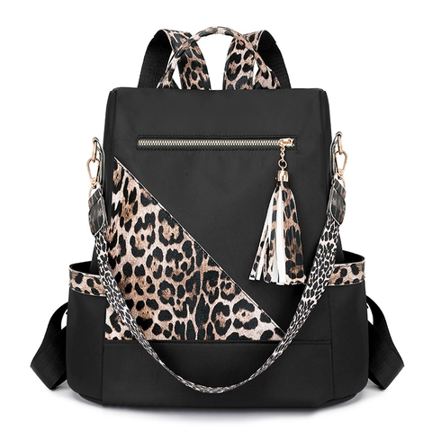 Leopard Print Nylon Backpack For Women Waterproof Large Capacity Fashion Travel Rucksack With Tassel Decor