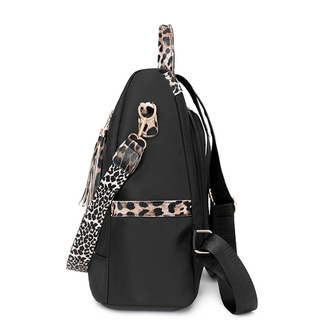 Women Fashion Leopard Print Patchwork Backpack Oxford Cloth Large Capacity Anti-theft Travel Bag With Tassel