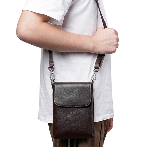 Echtes Leder Umhängetasche Herren Retro Pflanzlich Gegerbtes Leder Magnetverschluss Kleine Handy Schultertasche