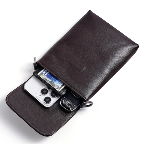 Echtes Leder Umhängetasche Herren Retro Pflanzlich Gegerbtes Leder Magnetverschluss Kleine Handy Schultertasche