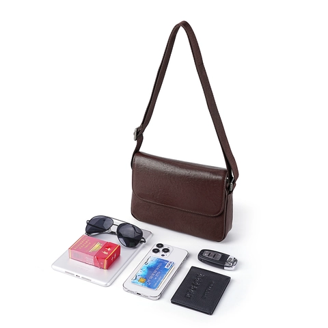 Men Genuine Leather Crossbody Messenger Bag Vegetable Tanned Lychee Texture Flap Business Shoulder Casual Lightweight