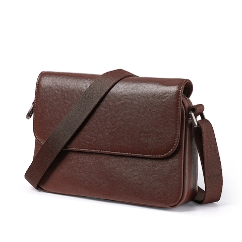 Men Genuine Leather Crossbody Messenger Bag Vegetable Tanned Lychee Texture Flap Business Shoulder Casual Lightweight