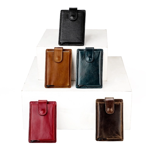Portacarte Pop-up In Vera Pelle Blocco RFID Portafoglio Sottile Con Tasca Con Cerniera Minimalista Vintage Unisex