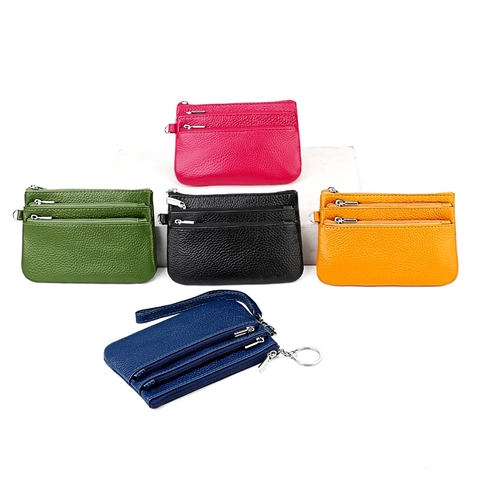 Portamonete In Vera Pelle Di Vacchetta Motivo Litchi Tripla Tasche Con Cerniera Cinturino Da Polso Portachiavi Portafoglio
