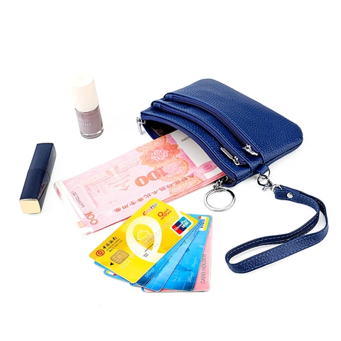 Portamonete In Vera Pelle Di Vacchetta Motivo Litchi Tripla Tasche Con Cerniera Cinturino Da Polso Portachiavi Portafoglio