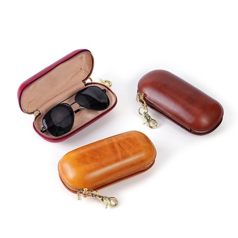 Vintage Genuine Leather Sunglasses Case Portable Eyewear Storage Bag With Metal Hook Zip Closure Glasses Protector For Travel Outdoor