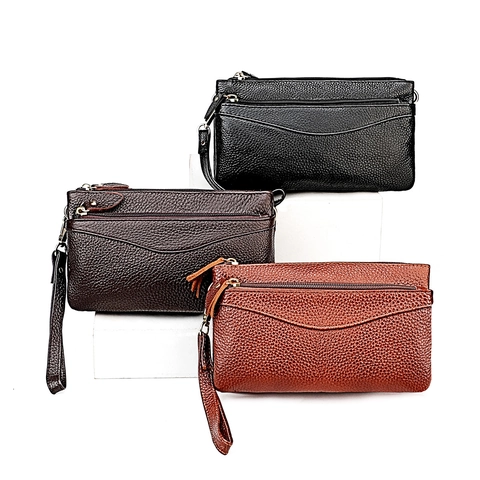 Echtes Rindsleder Umhängetasche Für Damen RFID Schutz Mehrlagiger Reißverschluss Litschitextur Handy Tasche Clutch Geschenk