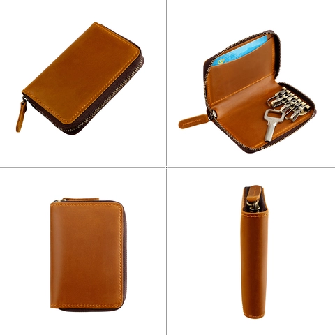 Genuine Cowhide Leather Key Case Wallet With Zipper Closure Multi Hooks And Card Slot Vintage Retro Style For Men Women