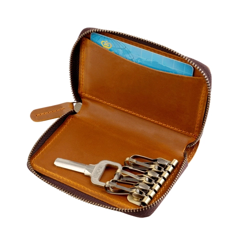 Genuine Cowhide Leather Key Case Wallet With Zipper Closure Multi Hooks And Card Slot Vintage Retro Style For Men Women